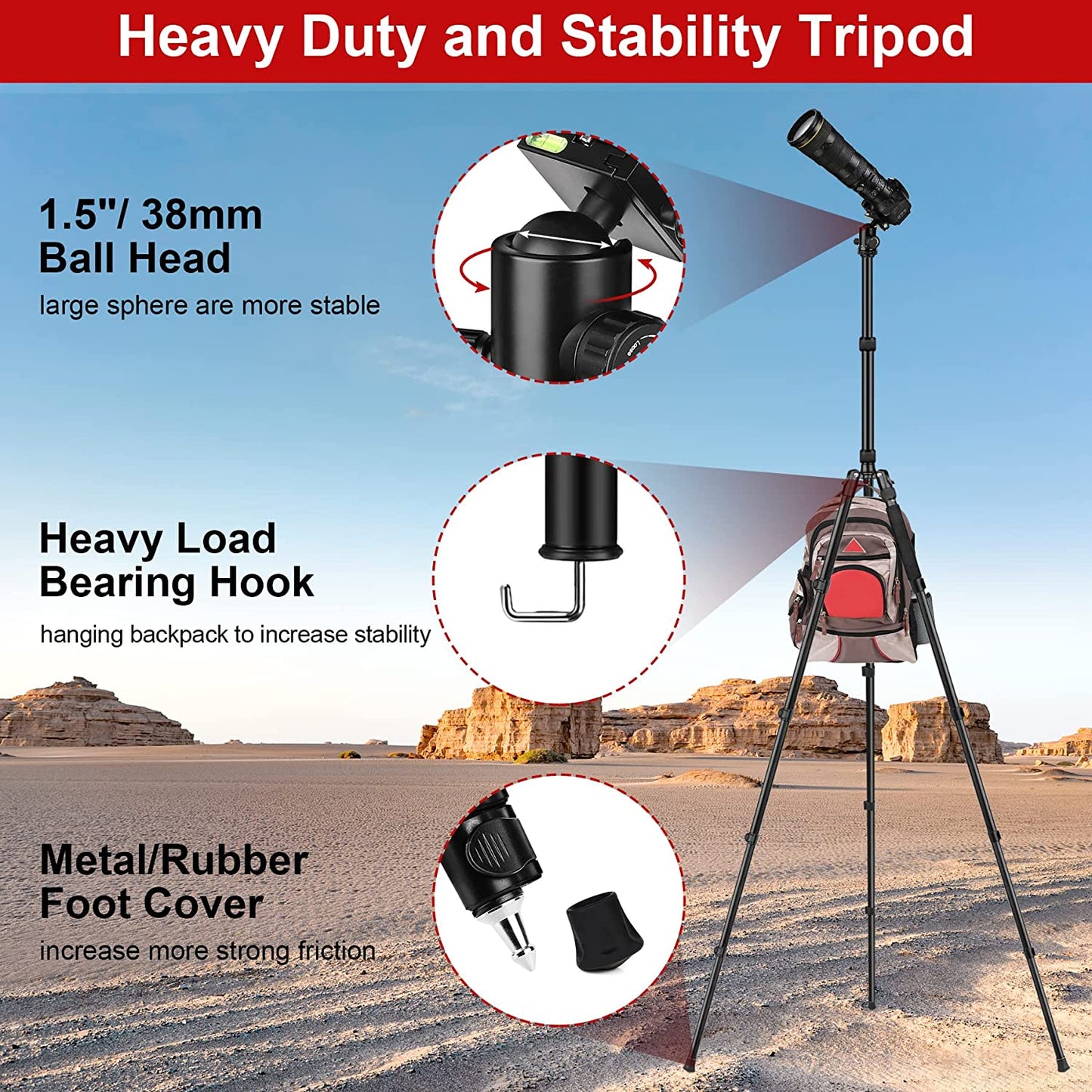 Tripod for Camera, 81" Camera Tripod Stand, 83 Inches DSLR Tripods & Monopods, Heavy Duty Travel Tripod for Binoculars Laser Level Spotting Scope Telescope, Professional Complete Tripod Units