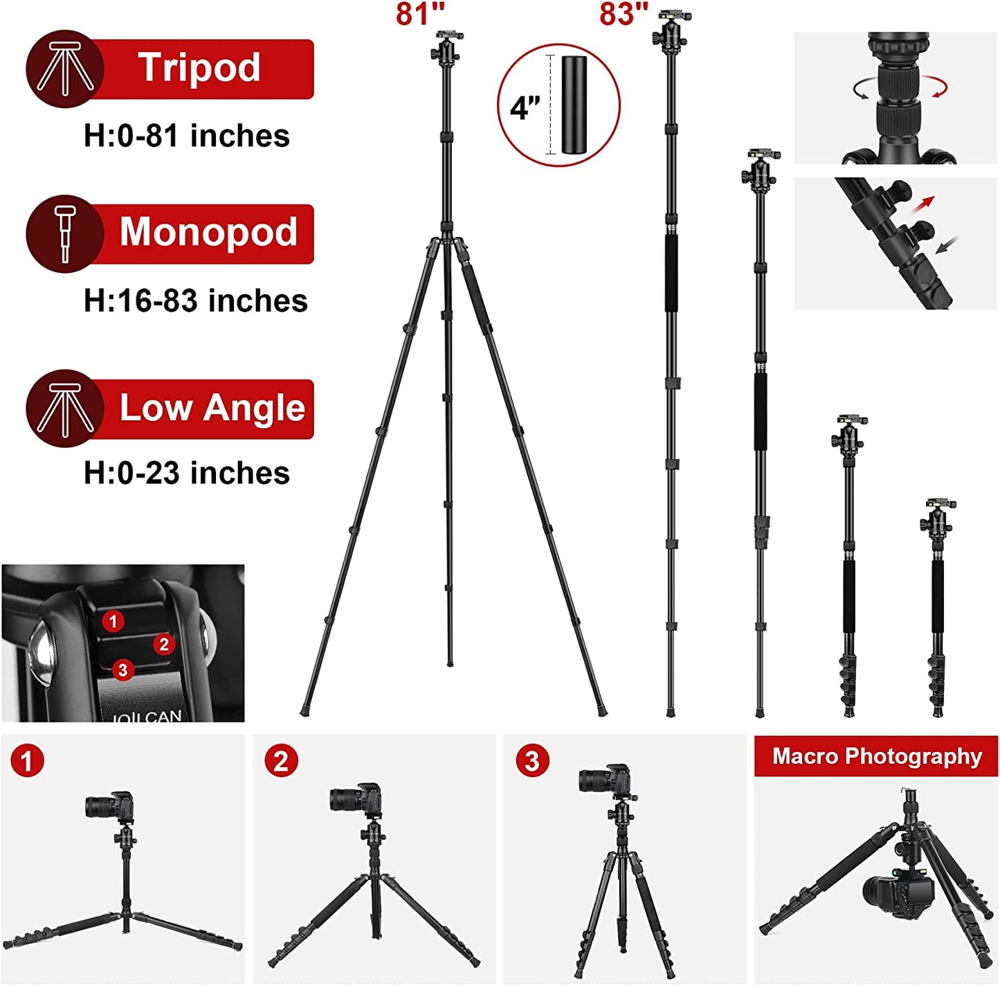 Tripod for Camera, 81" Camera Tripod Stand, 83 Inches DSLR Tripods & Monopods, Heavy Duty Travel Tripod for Binoculars Laser Level Spotting Scope Telescope, Professional Complete Tripod Units