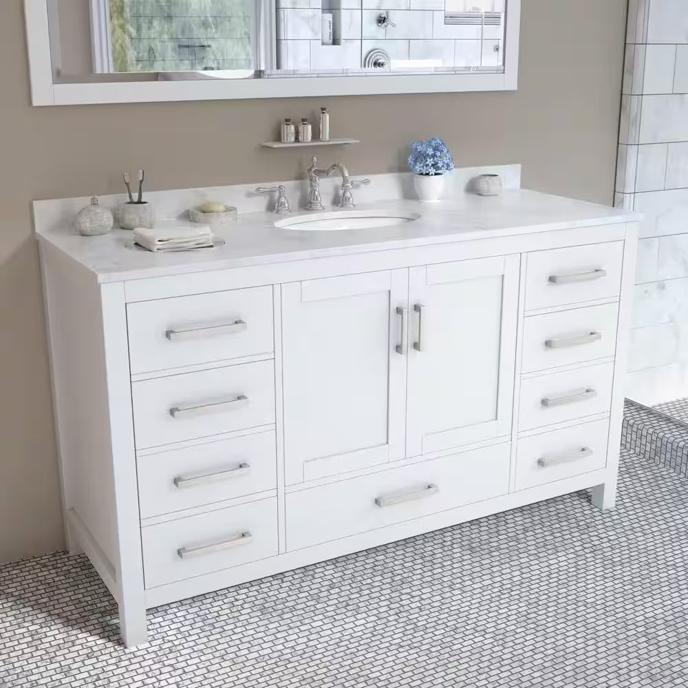 Sheffield 60 In. W X 22 In. D X 35 In. H Single Bath Vanity in White with White Carrara Marble Top