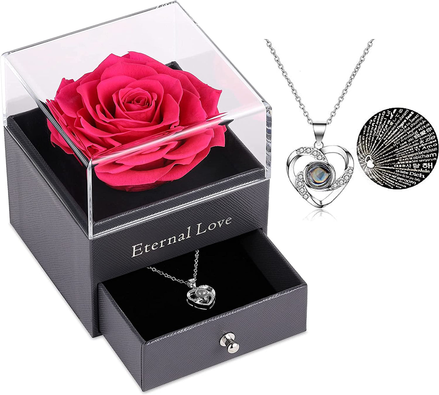 Mothers Day Flower Gifts for Her, Preserved Real Flower Rose with Silver-Tone Heart Necklace I Love You in 100 Languages Gift Set, Enchanted Flower Rose Gifts, Hot Pink