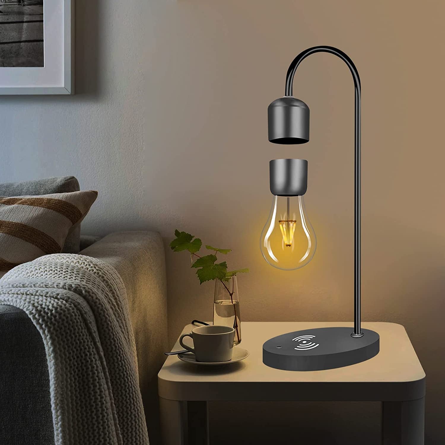 Magnetic Levitating Light Bulb Wooden Black Floating Levitation Lamp Magnetic Table LED Night Light Bedroom Decor Desk Toys Office Gift Home Decoration with Phone Wireless Charger