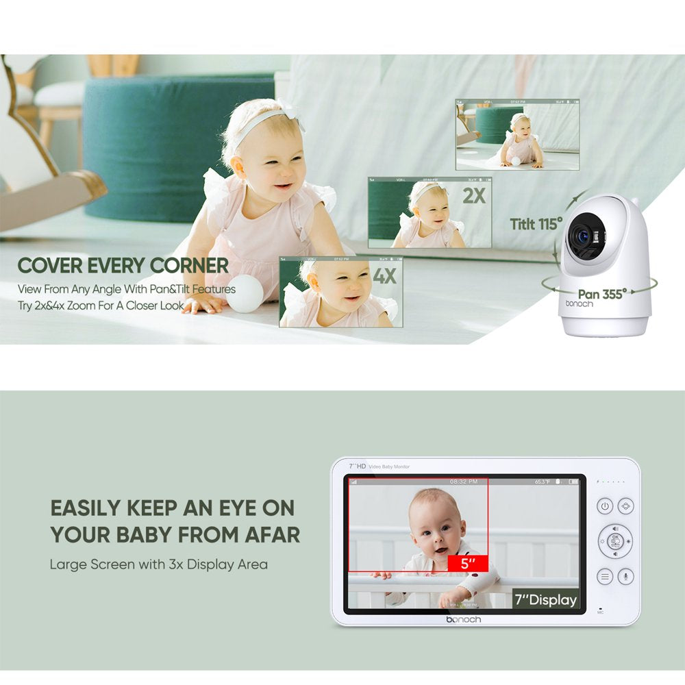 720P HD Video Baby Monitor with Camera and Audio 7-Inch Screen Secure from Hacking No Wi-Fi